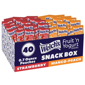 Welch's Fruit 'n Yogurt variety pack strawberry packaging, perfect for on-the-go family snacks.