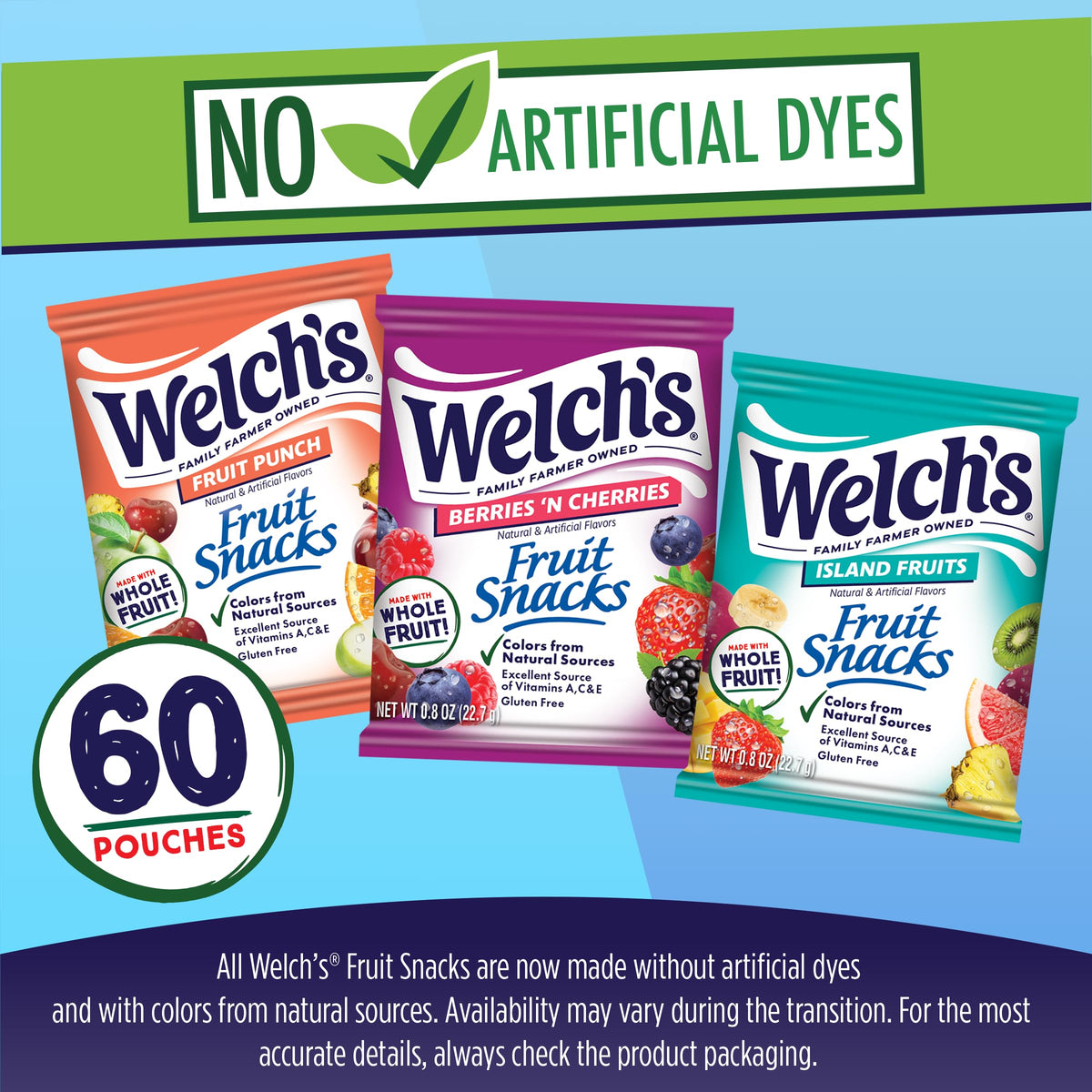 Gluten-free Welch's Fruit Snacks with no artificial dyes.