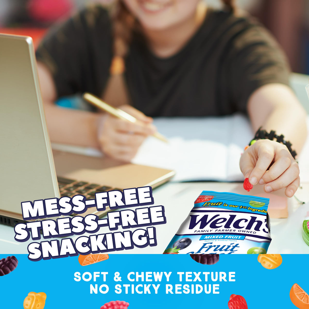 Welch's Fruit Snacks gluten-free and preservative-free label with clean ingredients claim.