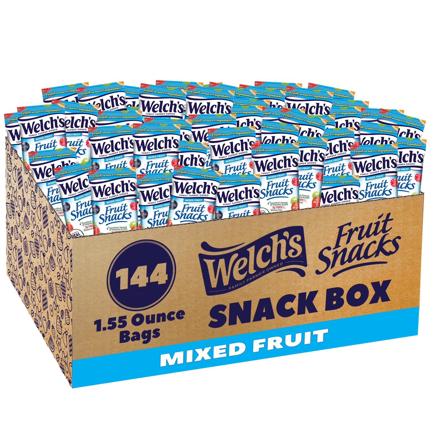 Welch's Fruit Snacks mixed fruit bulk pack with 144 single-serve bags for classroom snacking