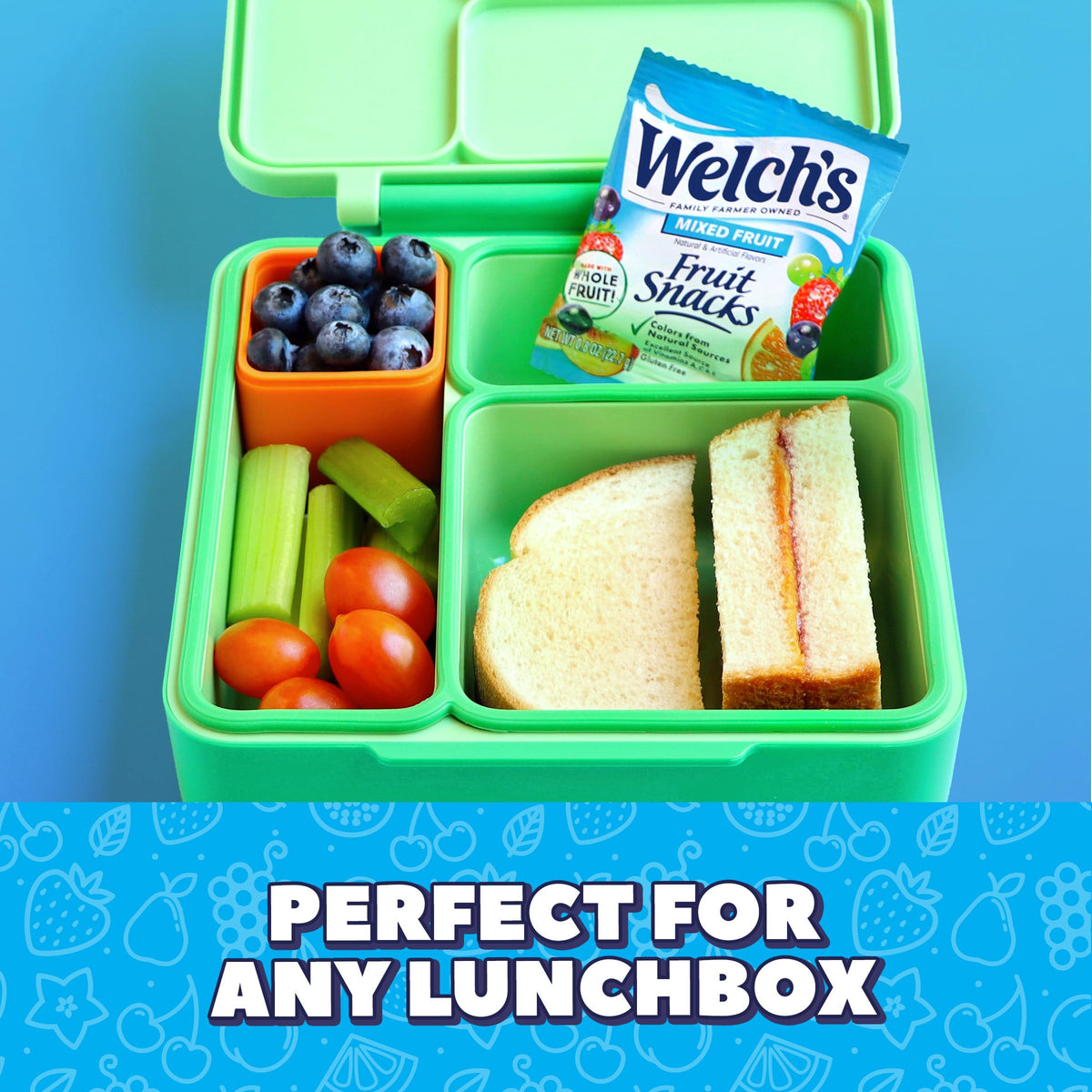 Welch's mixed fruit and mango peach flavors, kid-friendly on the go.