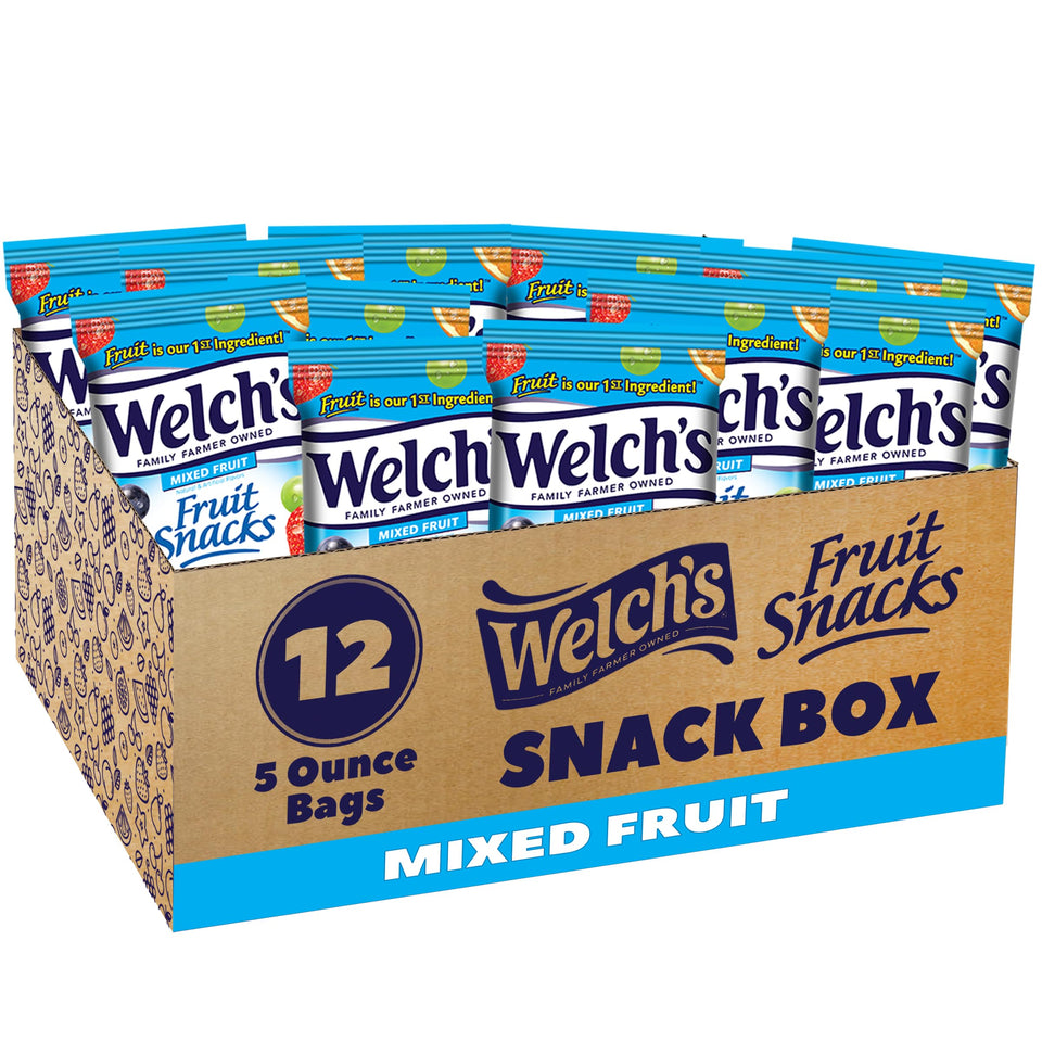 Welch's Fruit Snacks mixed fruit pack, 12 bags, ideal for school lunches and family breaks.