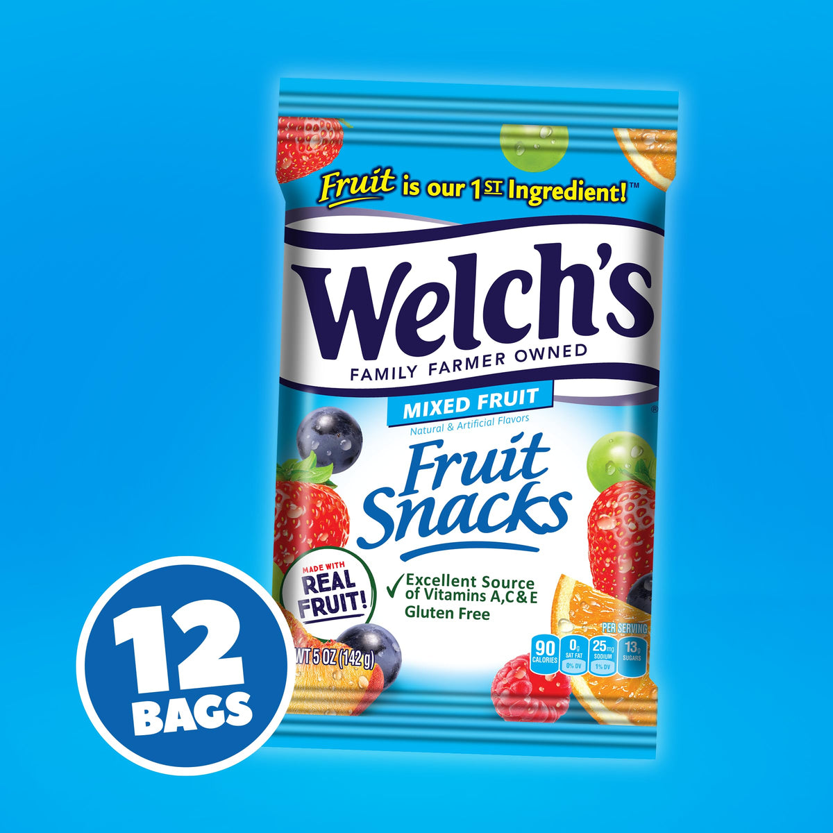 Welch's Fruit Snacks 12-bag pack back view showing nutrition panel and ingredients.
