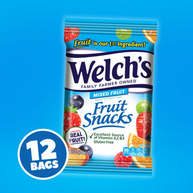 Welch's Fruit Snacks 12-bag pack back view showing nutrition panel and ingredients.