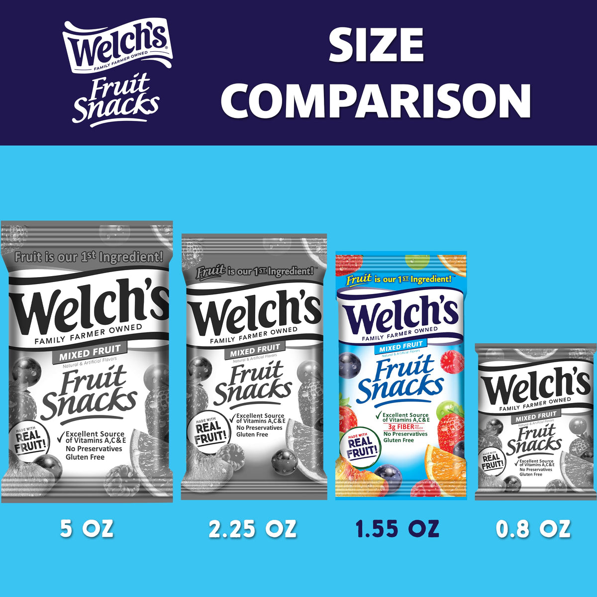 Welch's Fruit Snacks school lunch image shows convenient single-serving bags for busy days