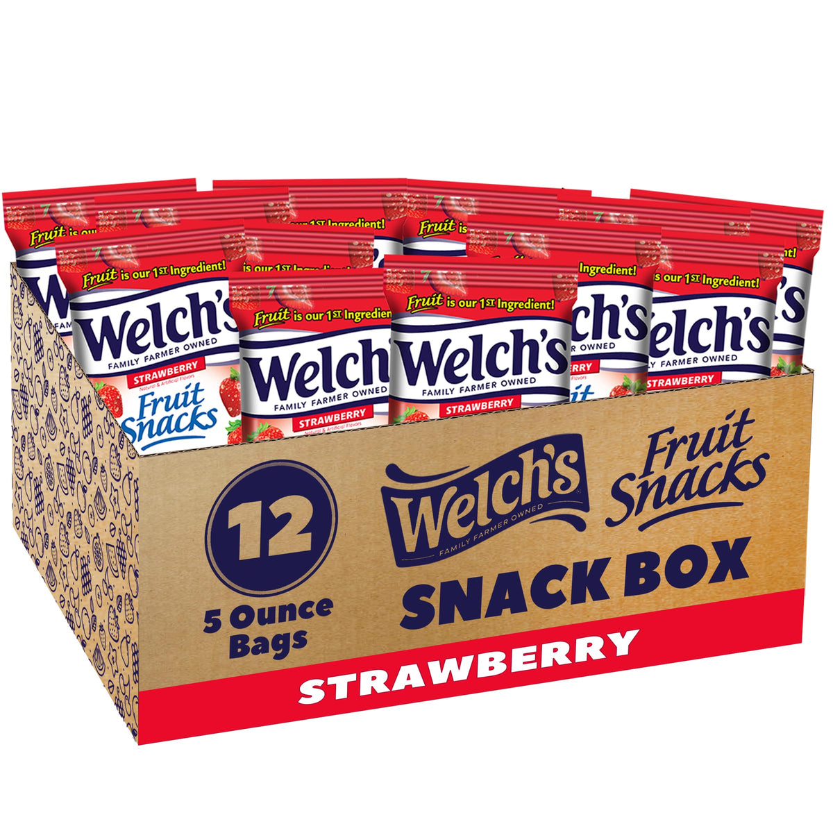 Welch's Strawberry Fruit Snacks 5oz bag highlights real fruit as the first ingredient.