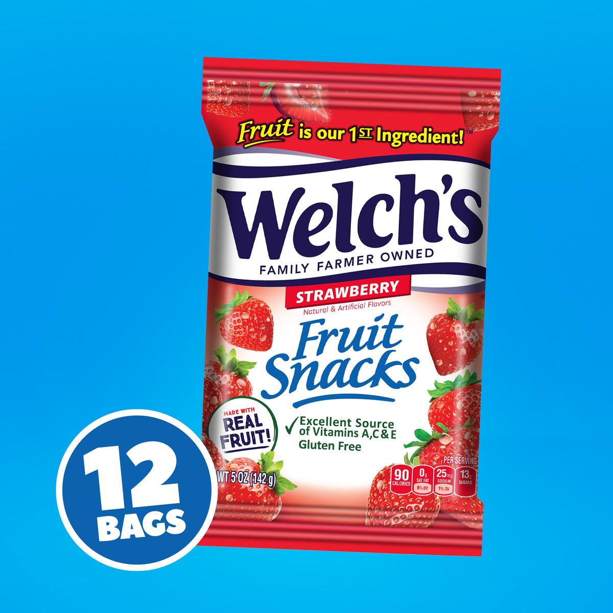 Welch's Strawberry Snacks, pack of 12, ideal for school lunches.