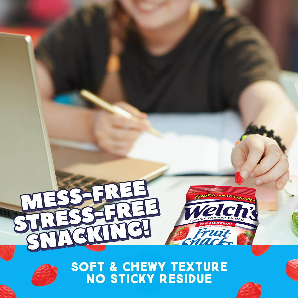 Convenient, preservative-free snacking in a Welch's strawberry bag.