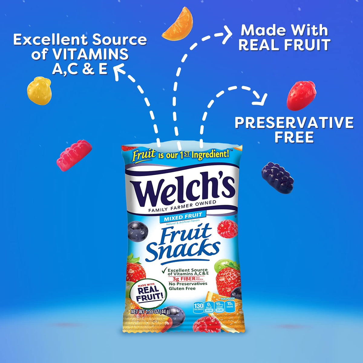 Welch's Fruit Snacks vitamins A C E image suggests added vitamins in a snack