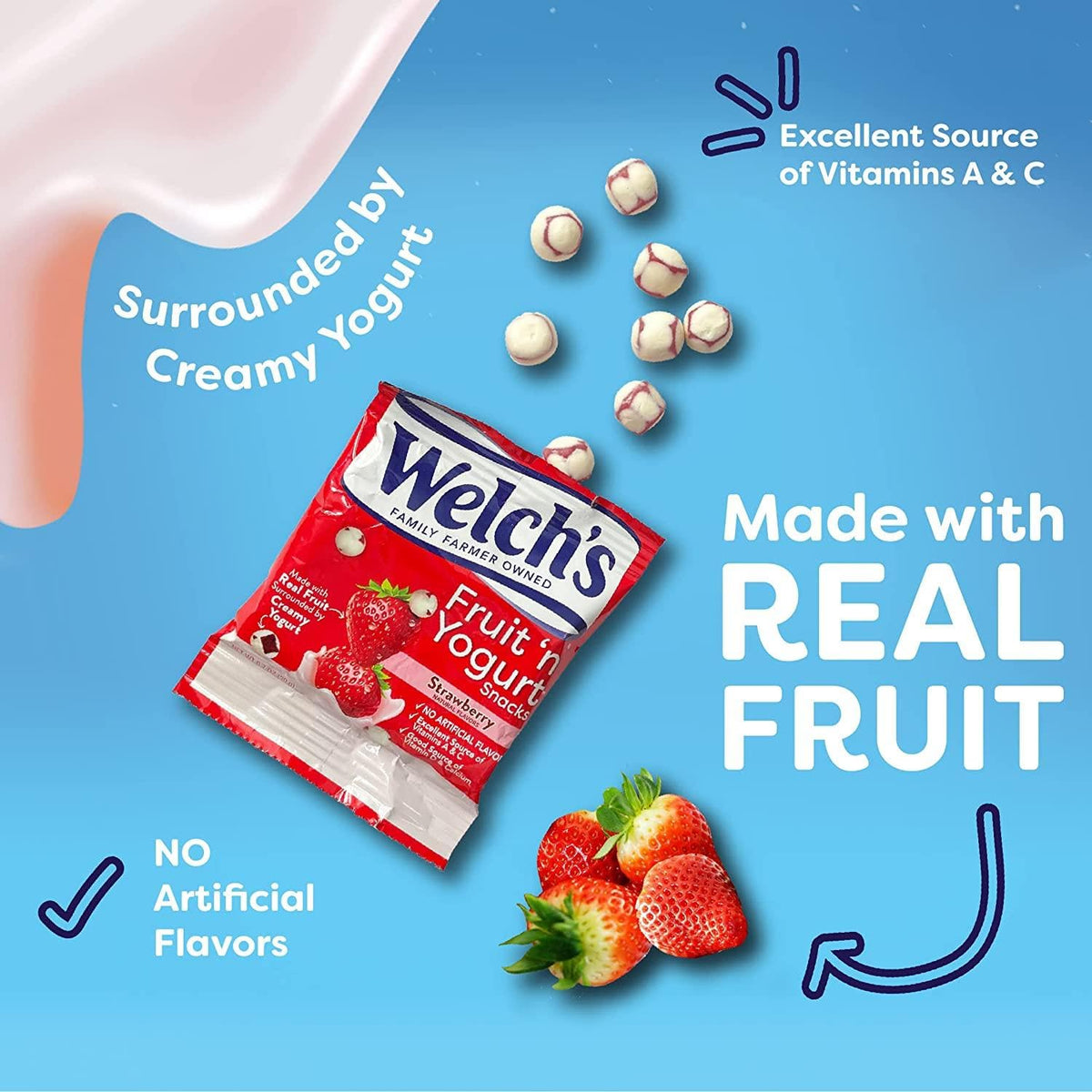 Close-up of real fruit and yogurt in Welch's Strawberry Snack pack.