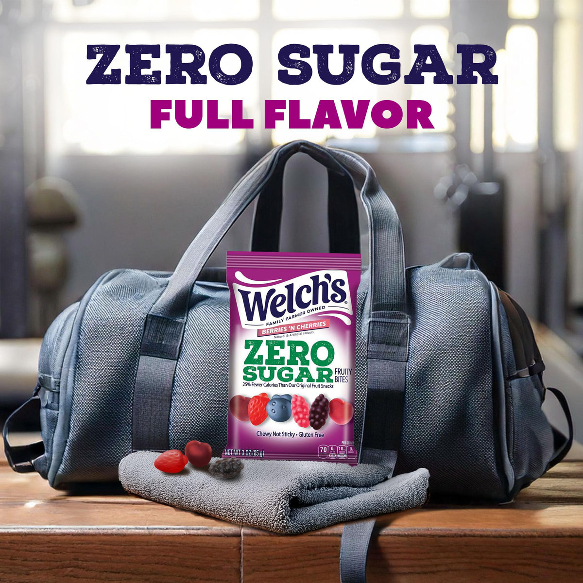 Welch's Fruity Bites berries n cherries flavor close-up with vibrant fruit imagery