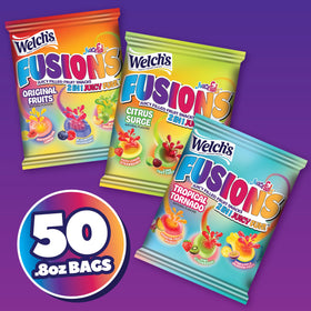 Welch's Fusions Citrus Surge pouch featuring yuzu lemon and strawberry, lively snack time