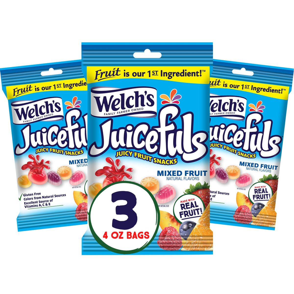 Welch's Juicefuls Mixed Fruit snacks in a 3-pack for sharing
