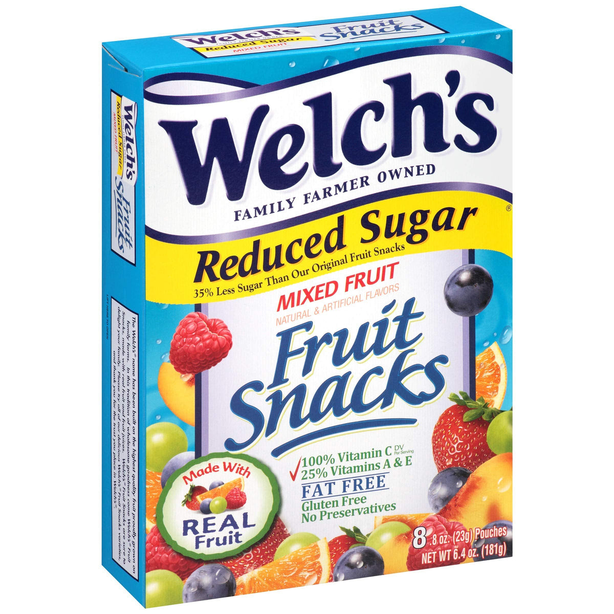 Welch's Reduced Sugar Mixed Fruit Snacks pack front, gluten-free, convenient on-the-go snack with real fruit.