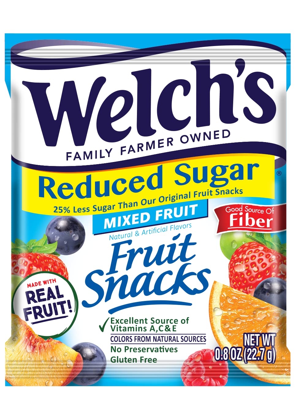 Welch's reduced-sugar mixed fruit snacks pack for on-the-go snacking with less sugar