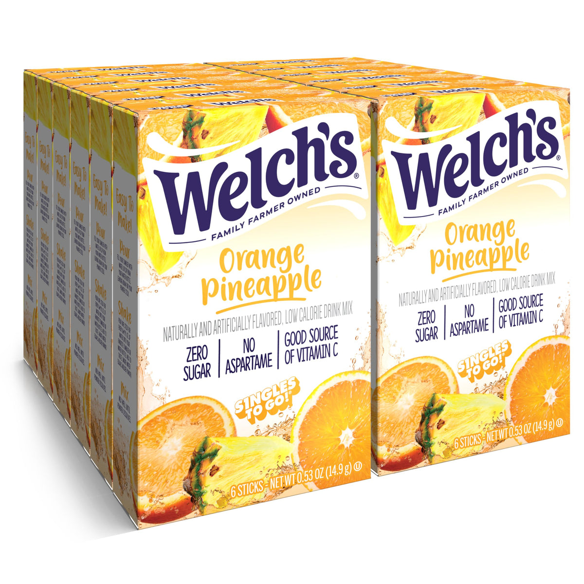 Welch's Singles To Go orange pineapple box, convenient six-pack servings for on-the-go hydration.