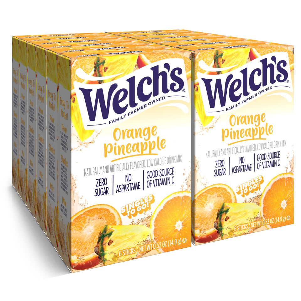 Welch's Singles To Go orange pineapple box, convenient six-pack servings for on-the-go hydration.