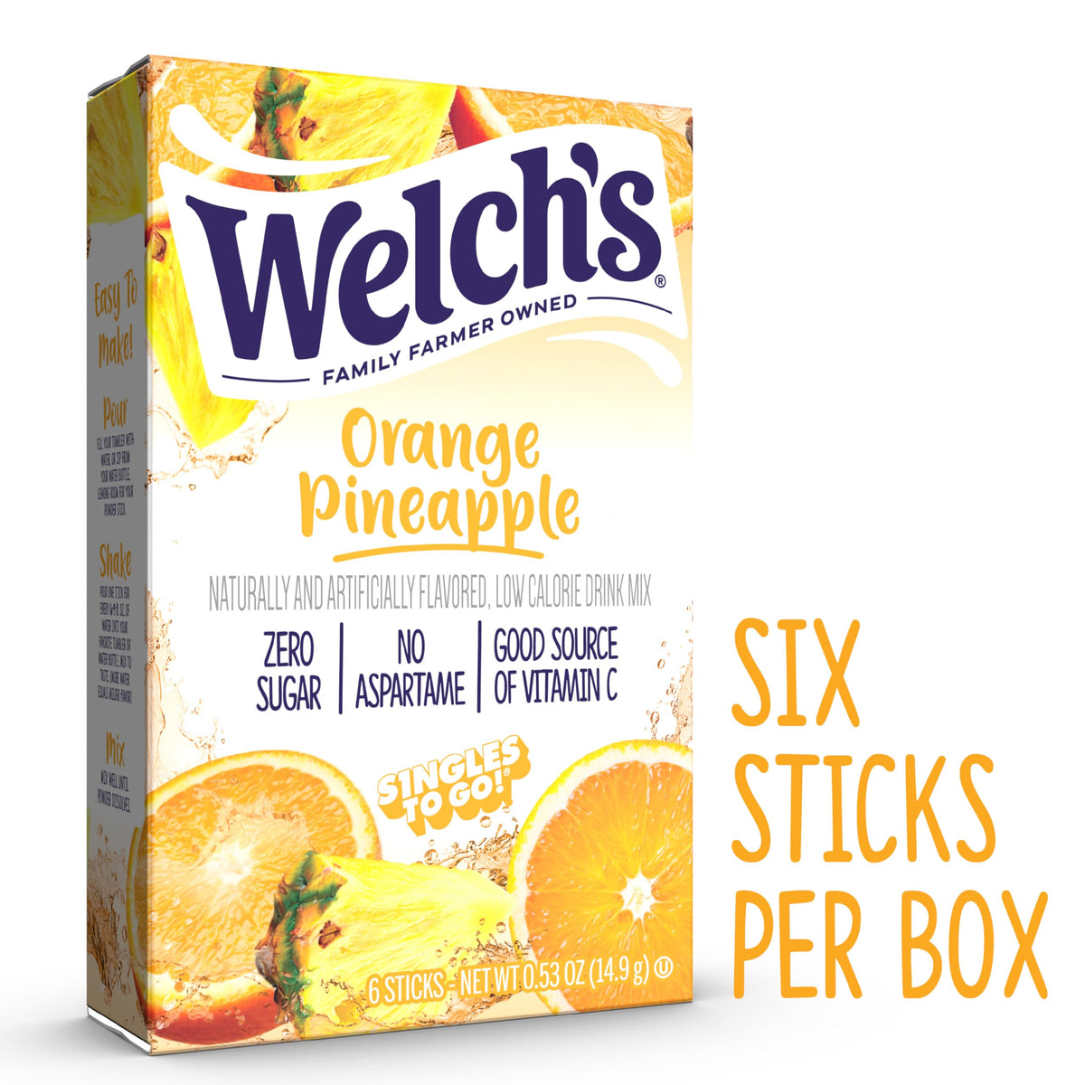 Welch's Singles To Go orange pineapple packets dissolving into water for a refreshing sip.