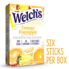 Welch's Singles To Go orange pineapple packets dissolving into water for a refreshing sip.