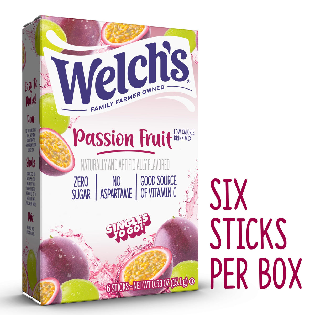A glass filled with Welch's Passion Fruit drink made with Singles To Go.