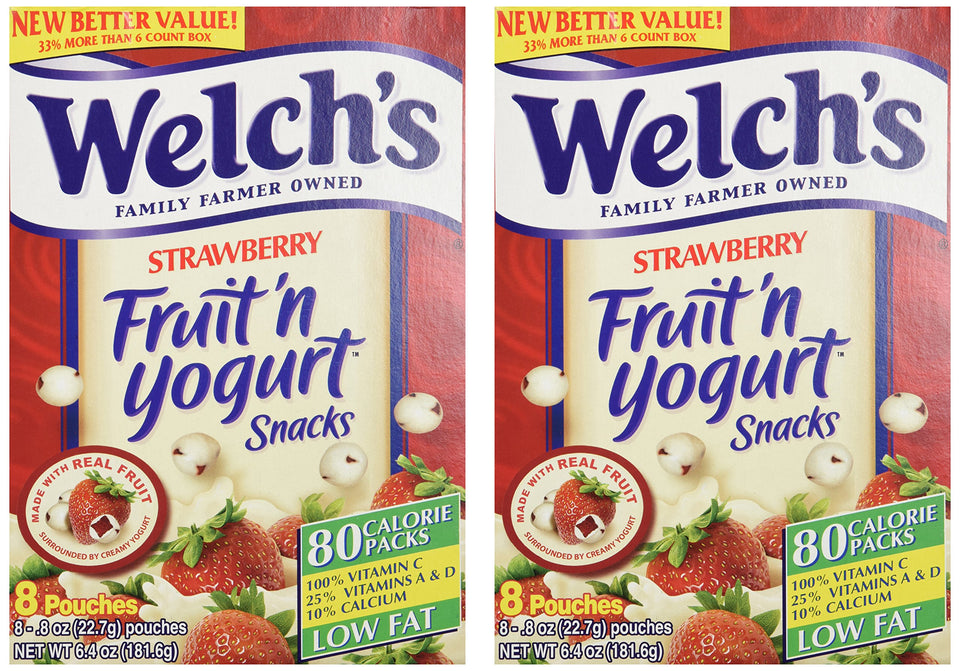 Welch's Strawberry Fruit'n Yogurt Snacks pack, 16 pouches, convenient for on-the-go snacking.