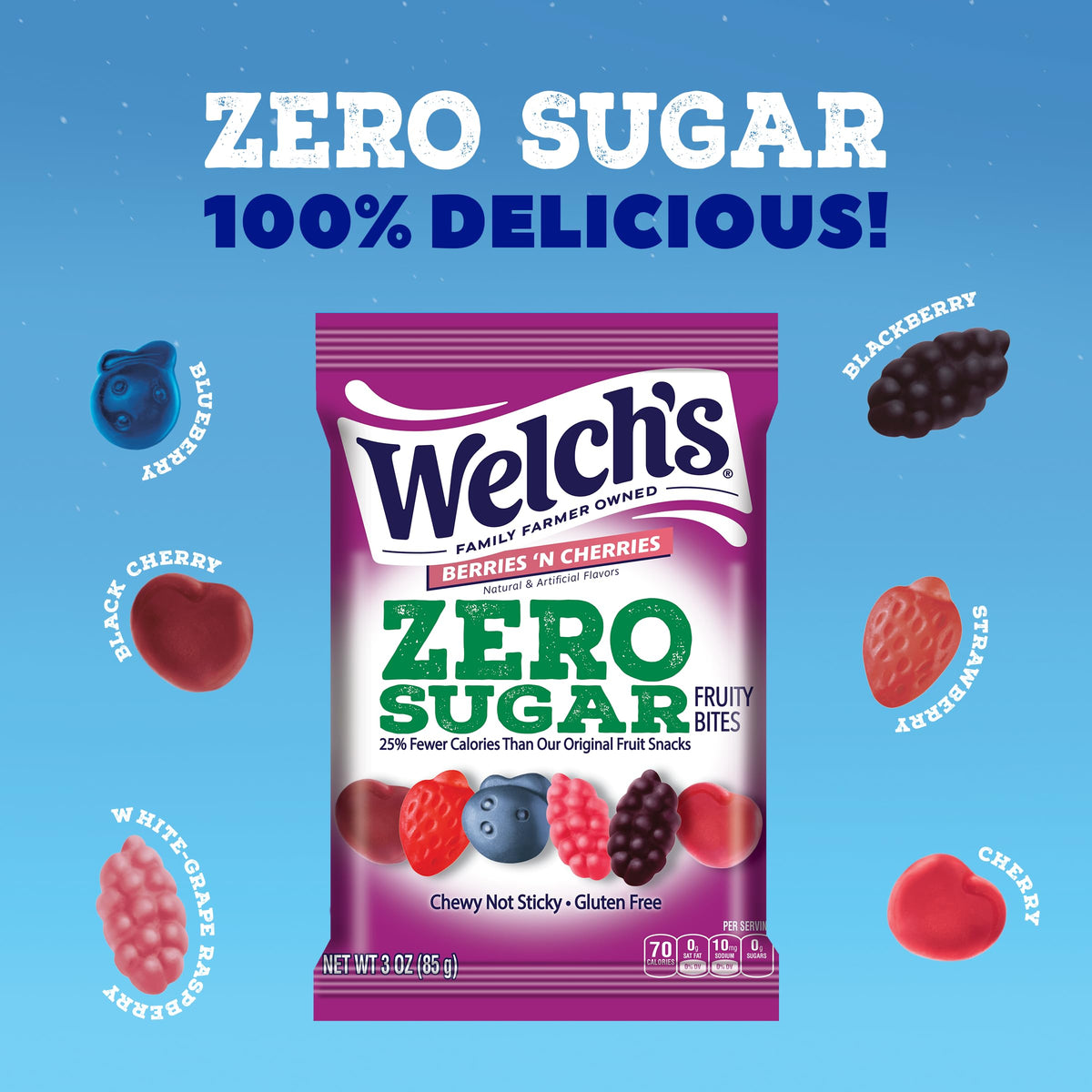 Welch's Zero Sugar Fruity Bites 3oz pack showing convenient single-serve portion