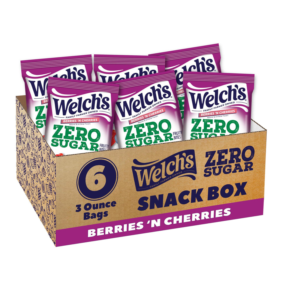 Welch's Zero Sugar Fruity Bites box for on-the-go snacking in Berries ’n’ Cherries flavor