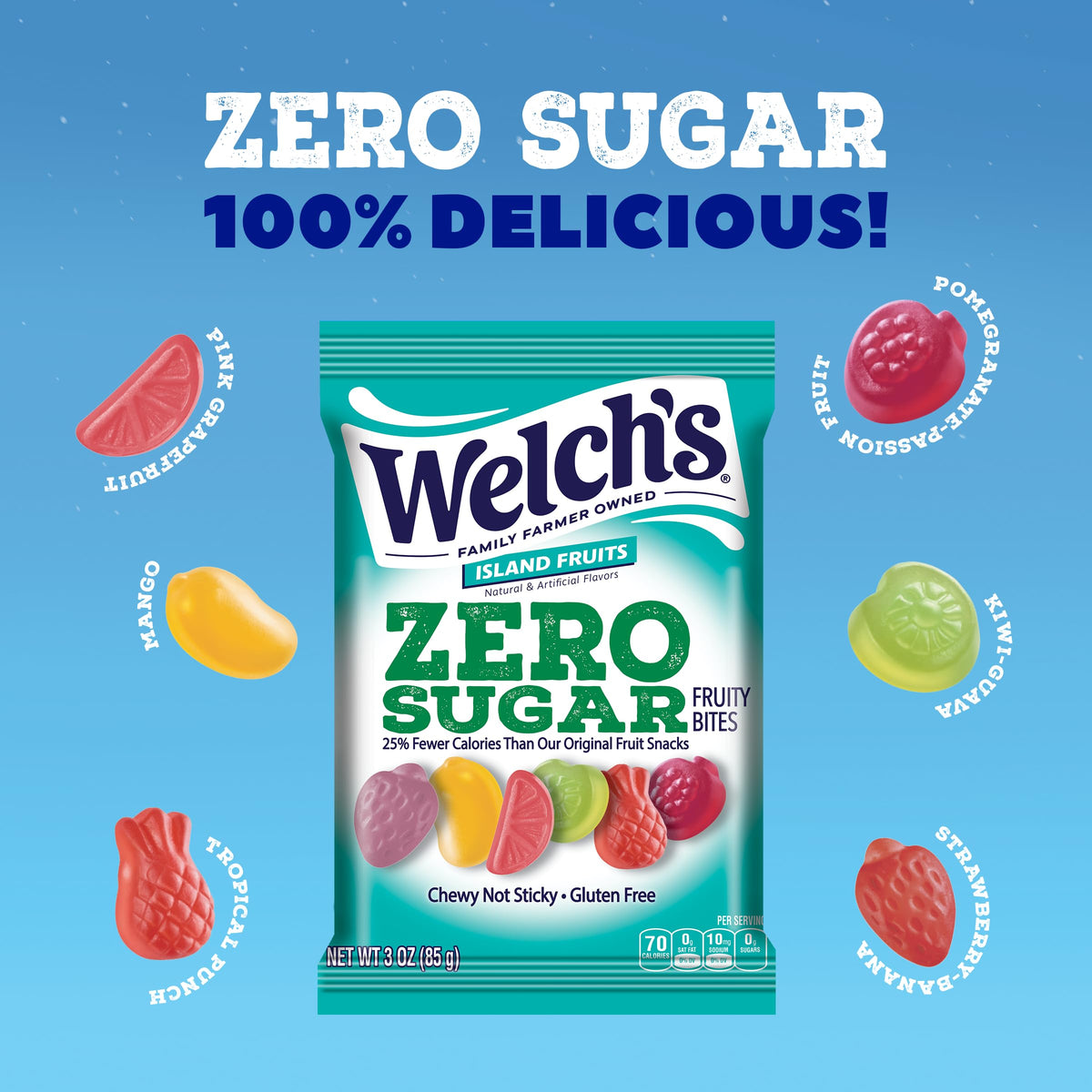 Welch's Zero Sugar Fruity Bites 3oz pack close-up, showcasing bright Island Fruits flavors.