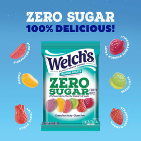 Welch's Zero Sugar Fruity Bites 3oz pack close-up, showcasing bright Island Fruits flavors.