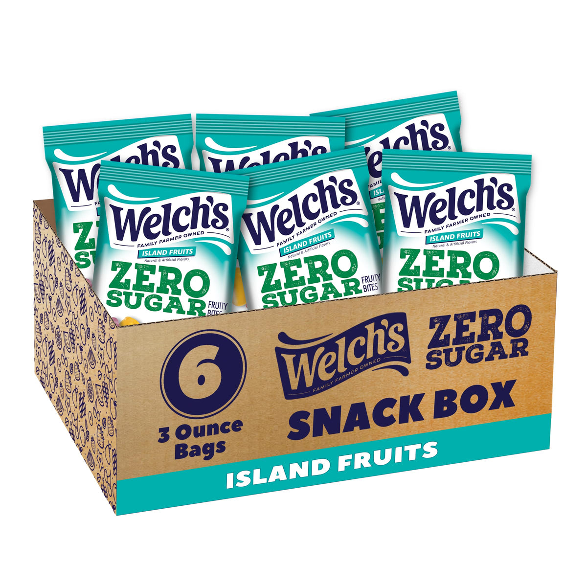 Welch's Zero Sugar Fruity Bites Island Fruits 6-pack box, a gluten-free snacking option.