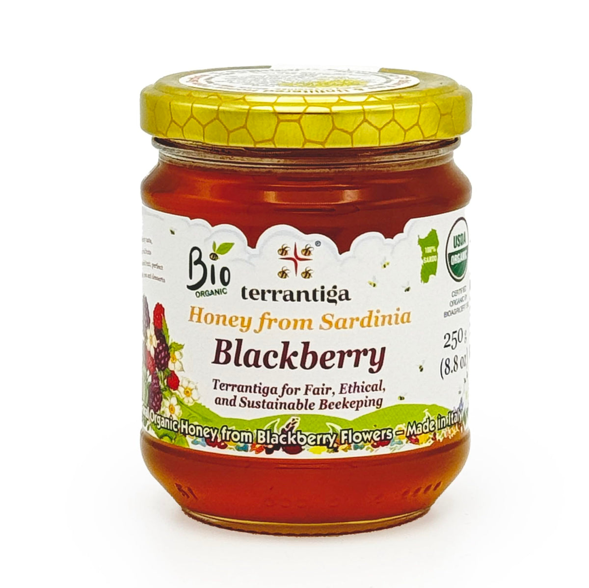 WellEatable blackberry honey bottle from Sardinia, showcasing organic purity for everyday sweetness.