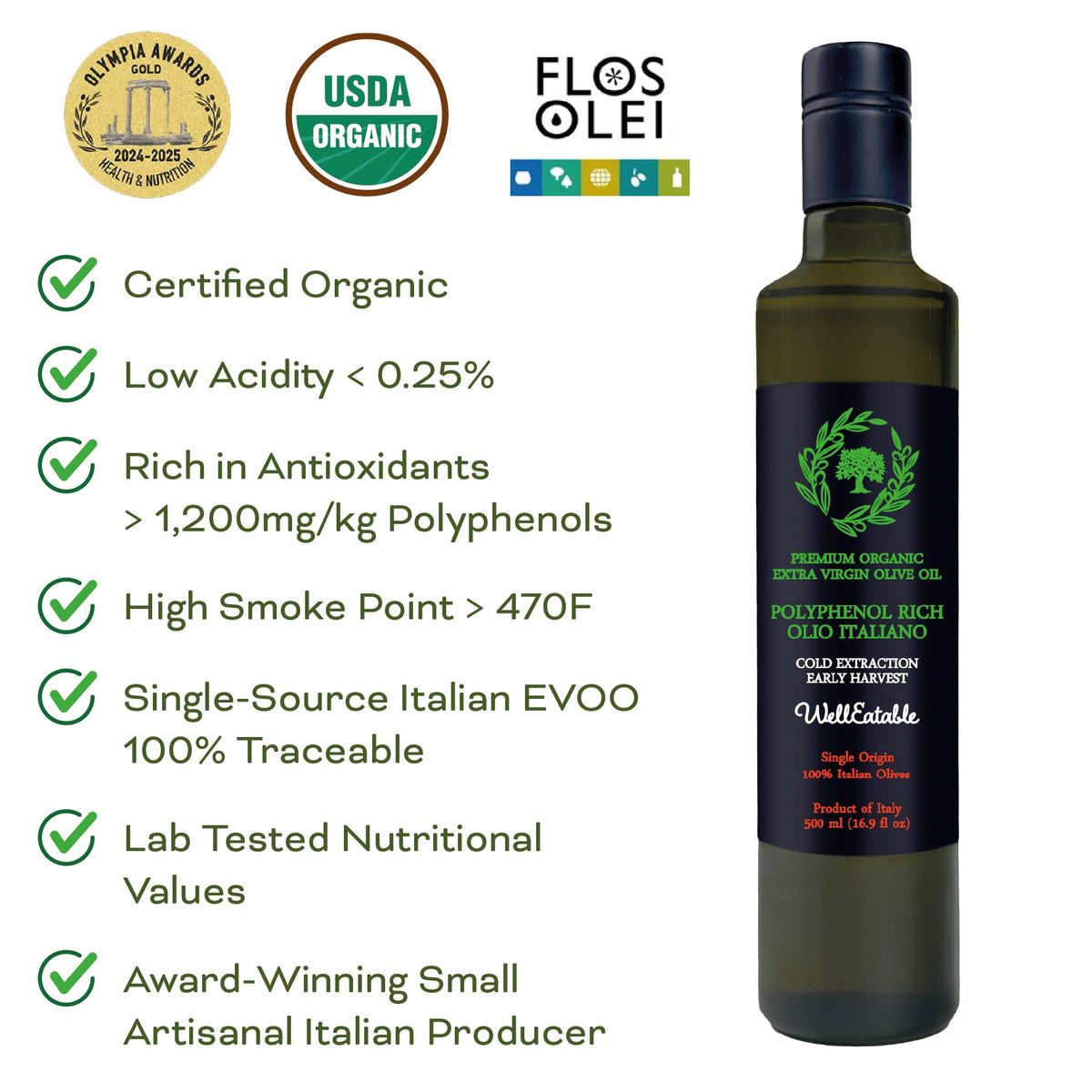 WellEatable Early Harvest olive oil close-up reveals green aroma and peppery finish.
