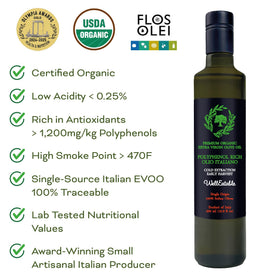 WellEatable Early Harvest olive oil close-up reveals green aroma and peppery finish.