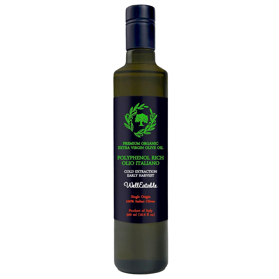 WellEatable High-Polyphenol Olive Oil bottle pour with antioxidant-rich finish for finishing dishes.