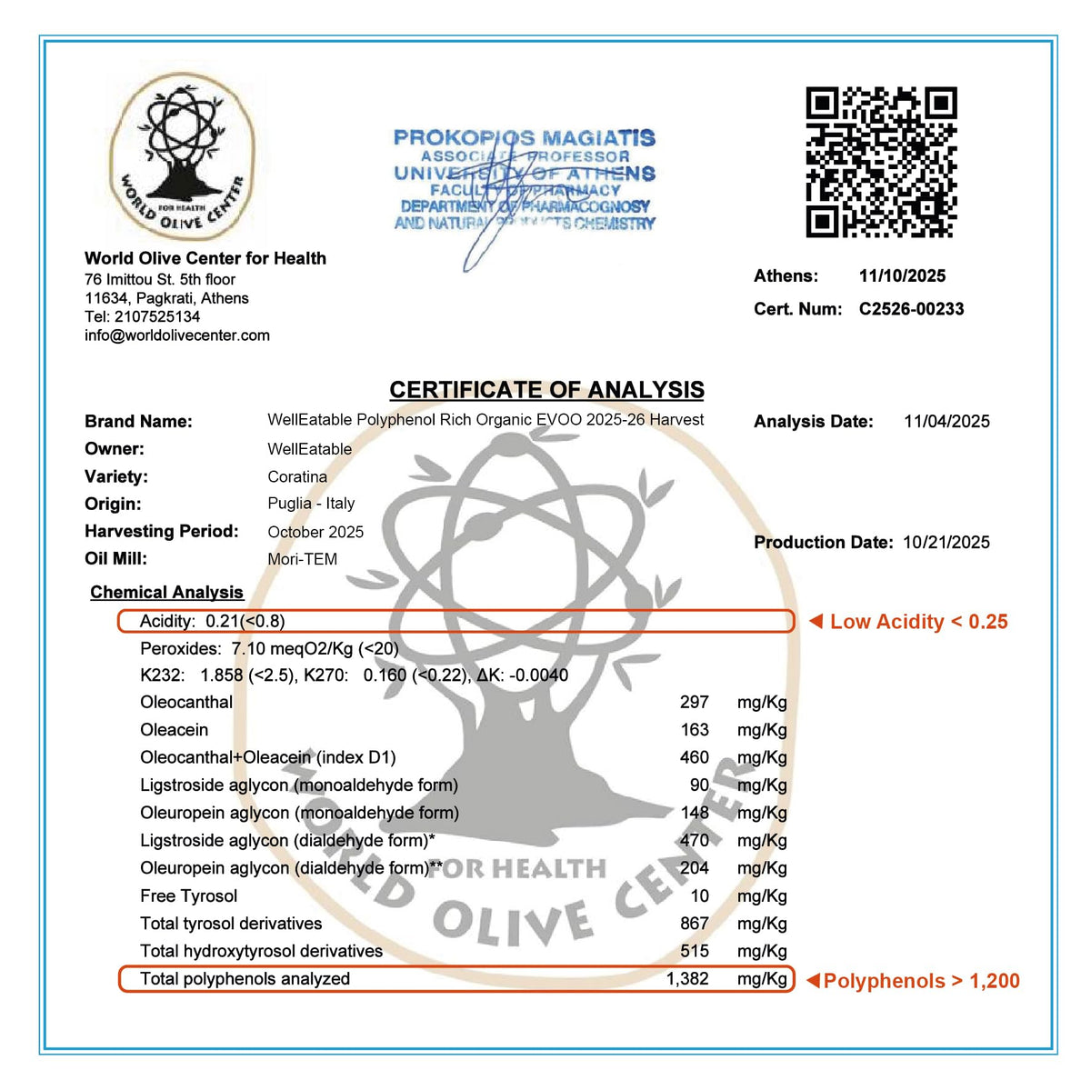 WellEatable Organic EVOO label demonstrates lab-tested purity and organic certification.