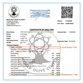 WellEatable Organic EVOO label demonstrates lab-tested purity and organic certification.