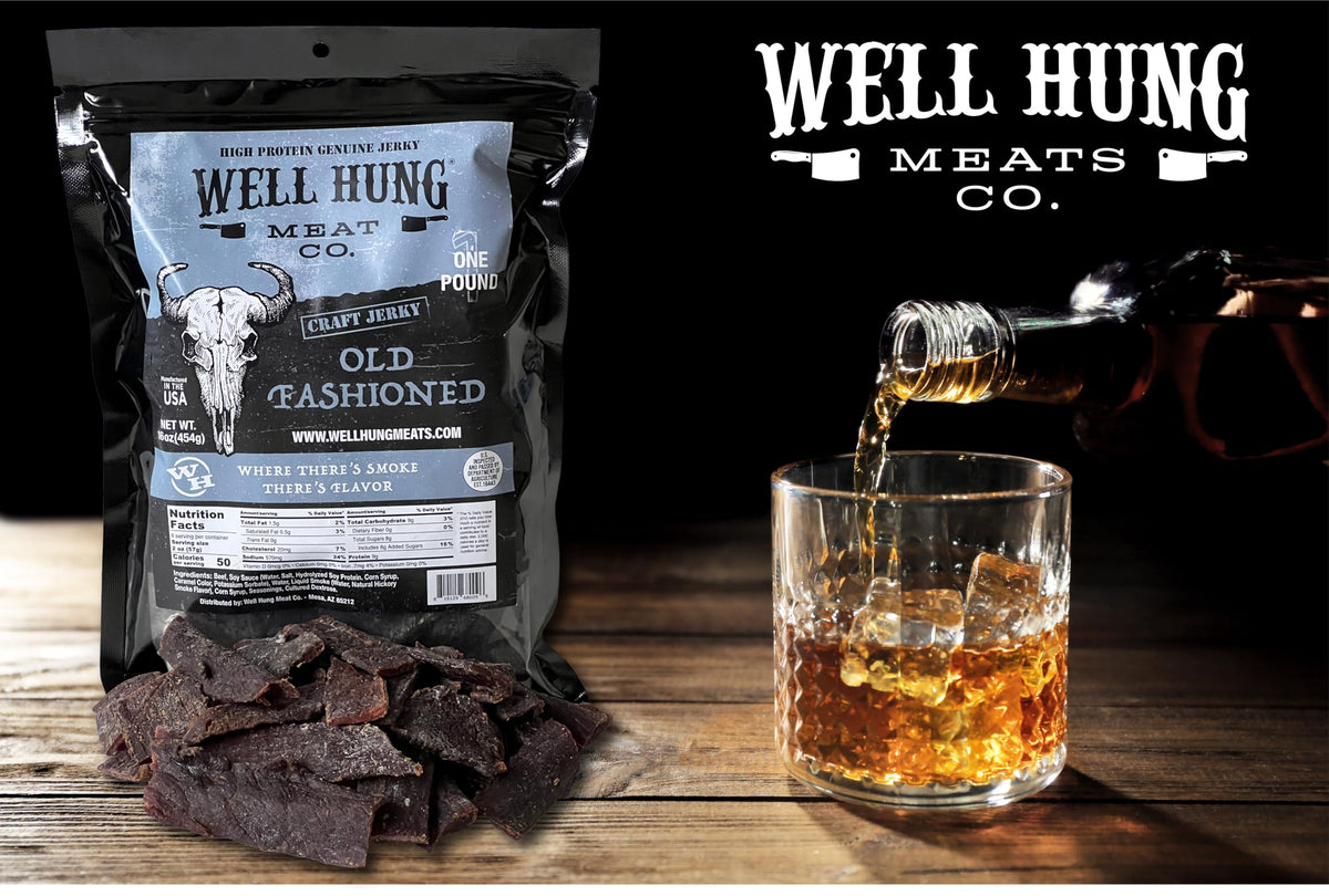 Well Hung Jerky bag closeup label showcases authentic smoke flavor and easy reseal for fresh bites.