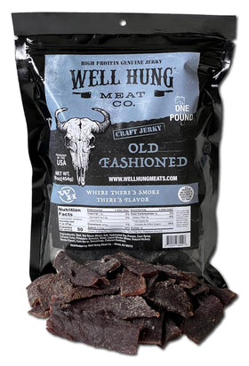 Well Hung Old Fashioned Beef Jerky bag highlights sturdy packaging for convenient on-the-go snacking.