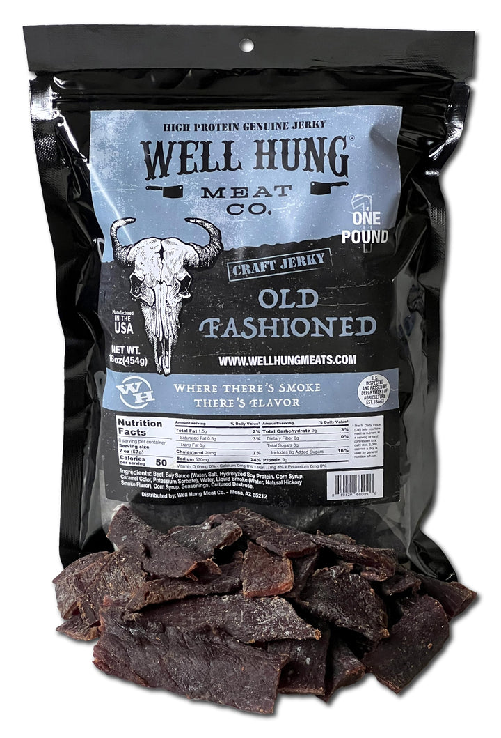 Well Hung Old Fashioned Beef Jerky bag highlights sturdy packaging for convenient on-the-go snacking.