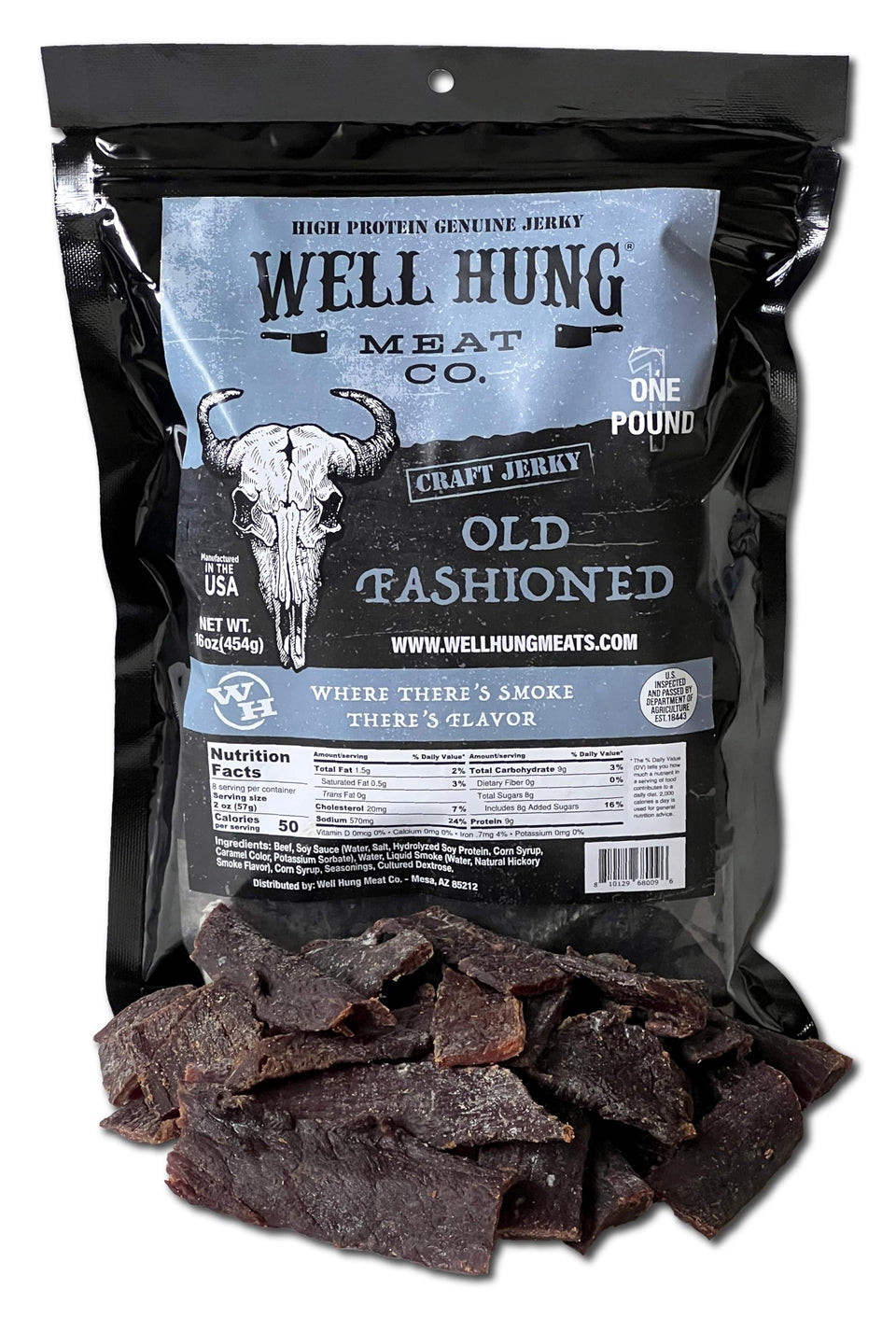Well Hung Old Fashioned Beef Jerky bag highlights sturdy packaging for convenient on-the-go snacking.