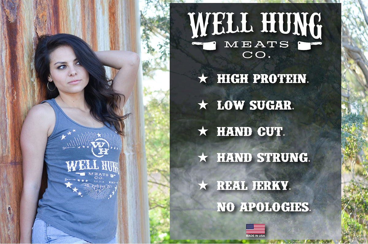 Well Hung Old Fashioned jerky serving shows rugged satisfaction during outdoor adventures.