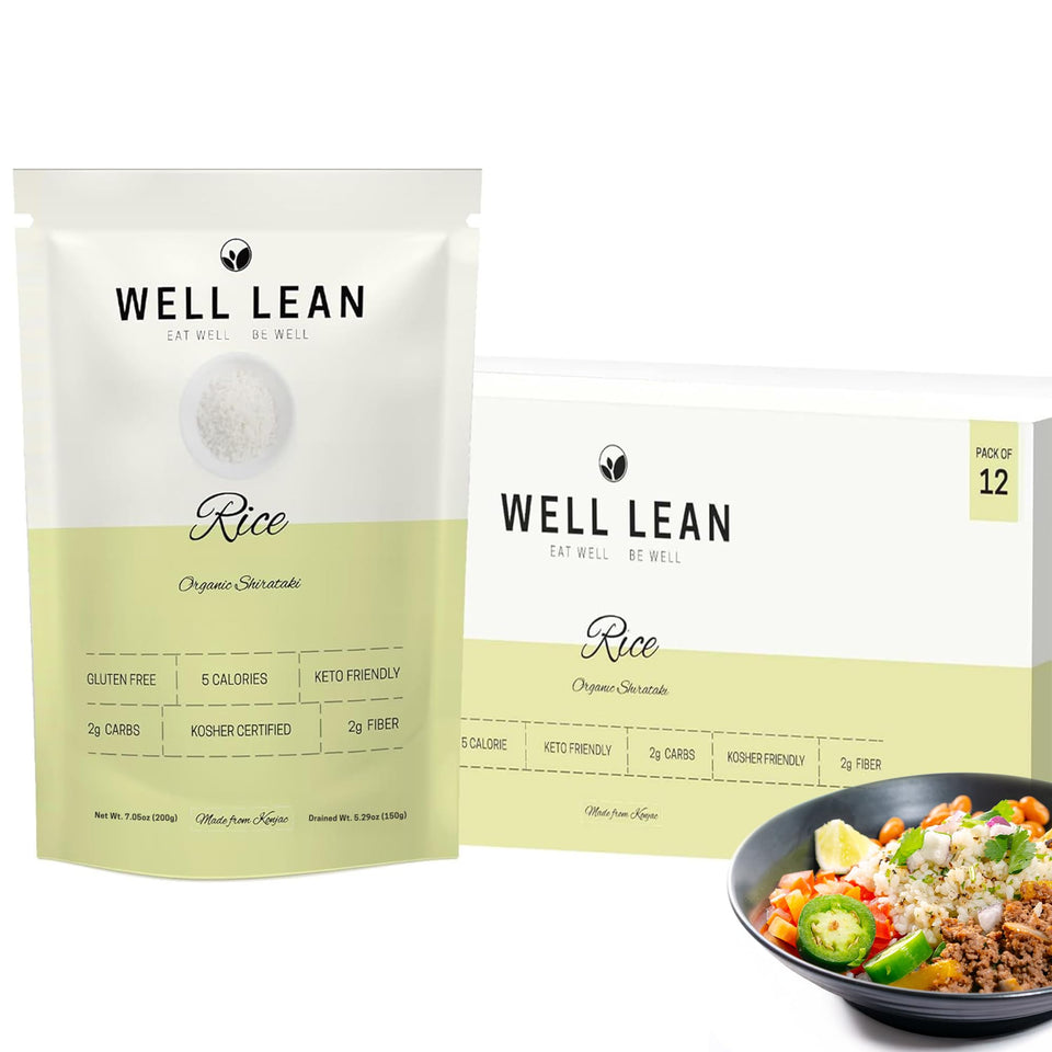 Well Lean Konjac Rice 12-pack packaging shows convenient, fresh organic product.