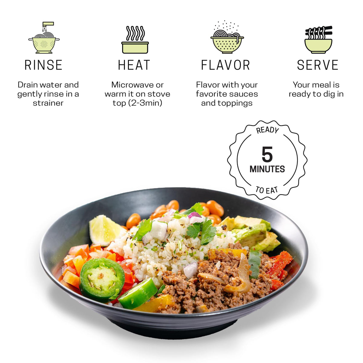 Well Lean Konjac Rice ready-to-eat plate with sauce highlights simplicity.