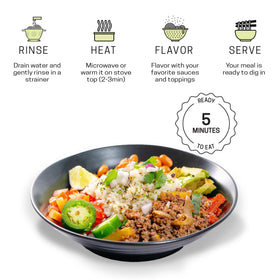 Well Lean Konjac Rice ready-to-eat plate with sauce highlights simplicity.