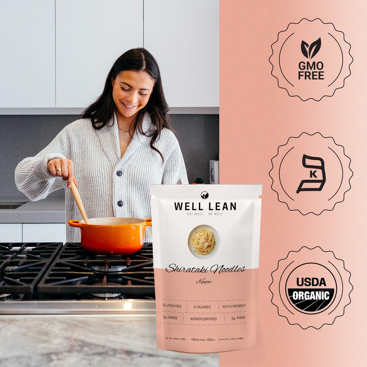 Well Lean Konjac Shirataki noodles in kitchen prep setting for easy dinner.
