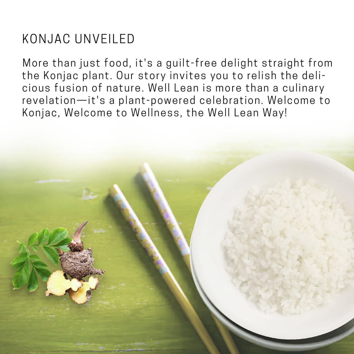 Well Lean Konjac Shirataki Rice glucomannan ingredient close-up emphasizes natural fiber.