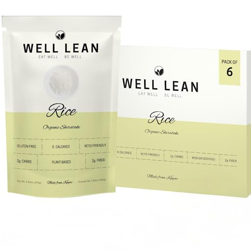 Well Lean Konjac Shirataki Rice packaging highlights organic, low-carb readiness for meals.