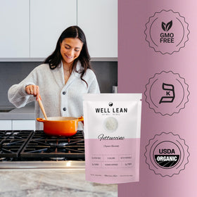 Well Lean Organic Fettuccine kitchen setup for clean pasta prep.