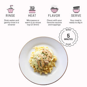 Well Lean Shirataki Pasta serving bowl demonstrates low carb, gluten-free dining options.