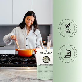 Well Lean Shirataki Rice single-serve packet beside utensils for on-the-go meals.